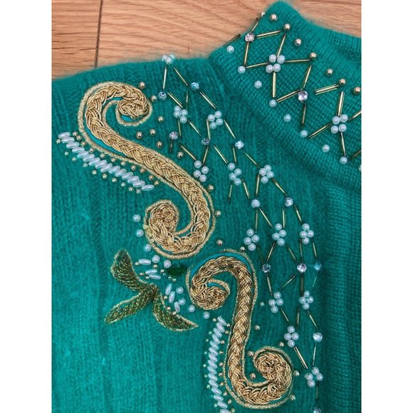 *Vintage Belldini Angora Embellished Button Cardigan Sweater M Green Gold Jewel - Picture 6 of 11